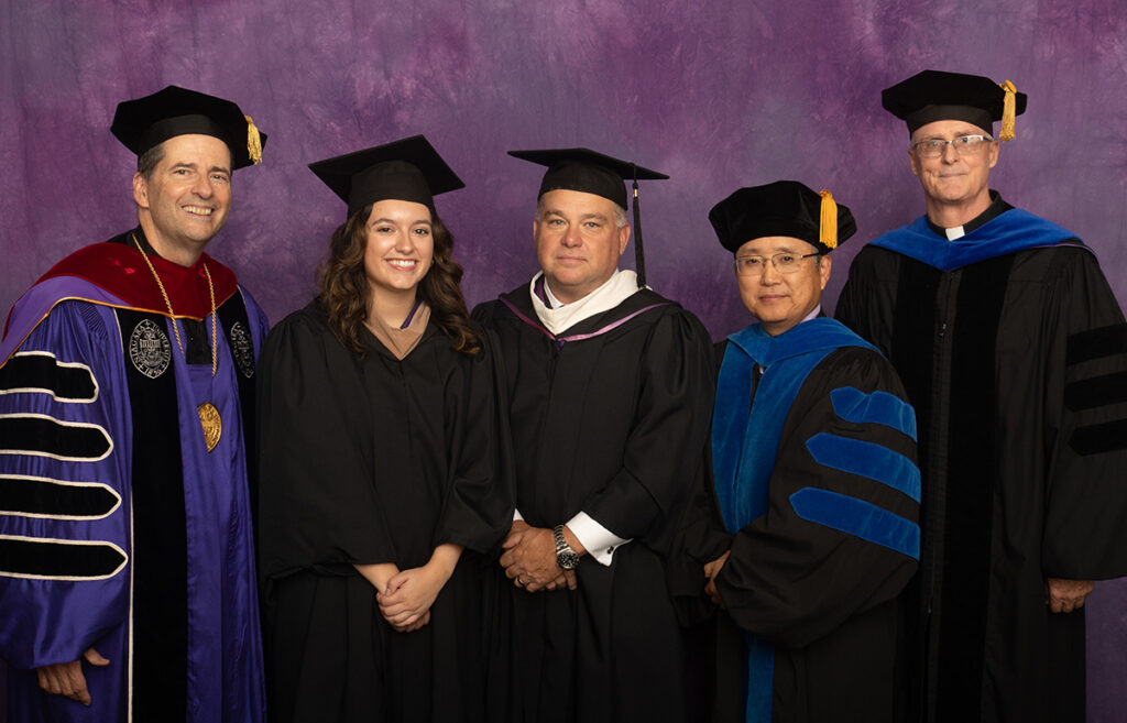 The Rev. James Maher, C.M., Niagara University president, with Vincentian Heritage Convocation honorees Ava Palo, E. Bryan DalPorto, Dr. Youngsoo Choi, and the Rev. Emmet J. Nolan, C.M., ’87.
