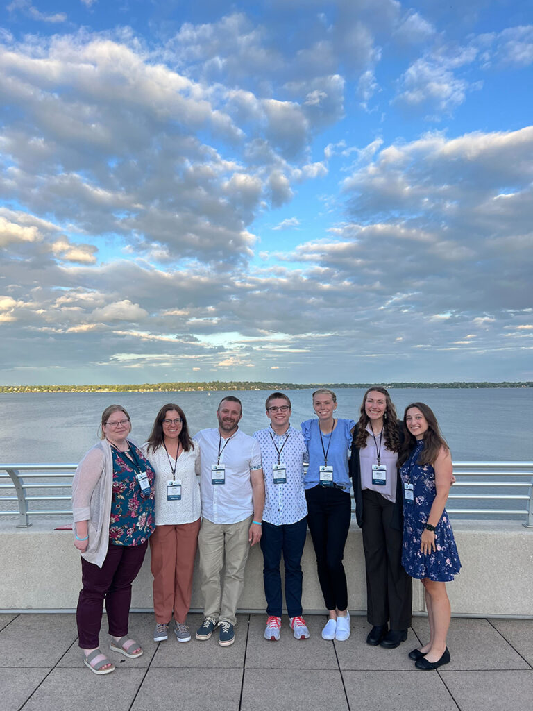 Dr. Cassandra Marnocha, professor Coleen Edwards, Dr. William Edwards, Ciaran Edwards, Samantha Wrobel, Bethany Mangioni, and Clare vanLieshout at the Association for the Sciences of Limnology and Oceanography meeting at the Monona Terrace Community and Convention Center in Madison, Wisc., June 2-7, 2024.