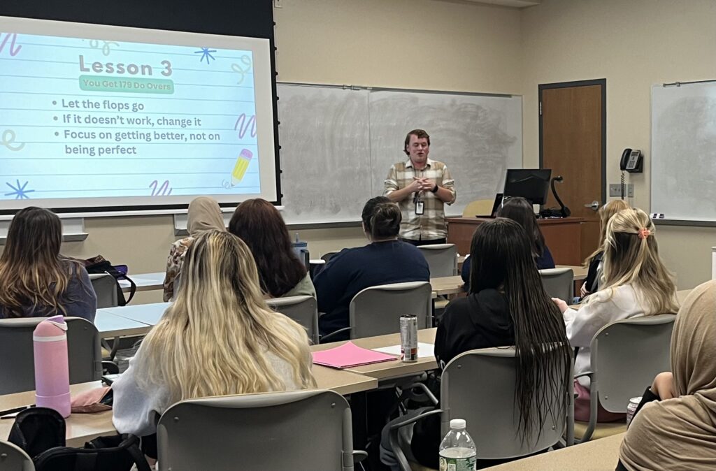 Caden Johnson, ’23, was one of three alumni who returned to their alma mater on Nov. 6, 2024, to present mini professional development sessions for undergraduate education students.