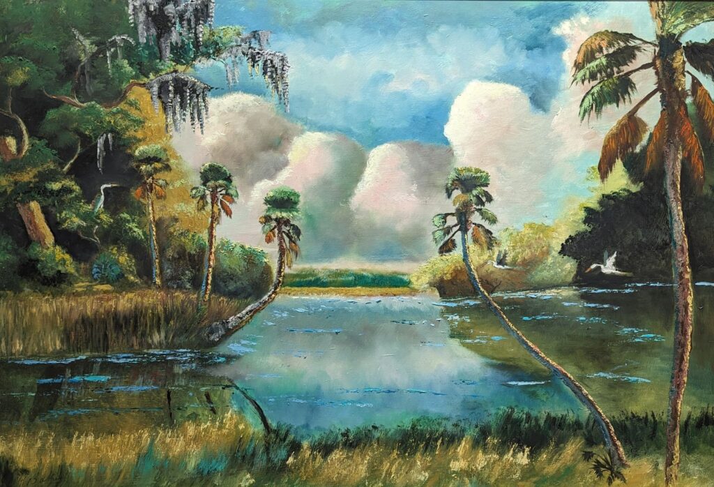 Hezekiah Baker (American, 1940–2007) Backwater Under Pink Clouds, c. 2000 oil on Upson board. Collection of Dr. Marilyn Chandler Ford, Promised gift to the Castellani Art Museum of Niagara University