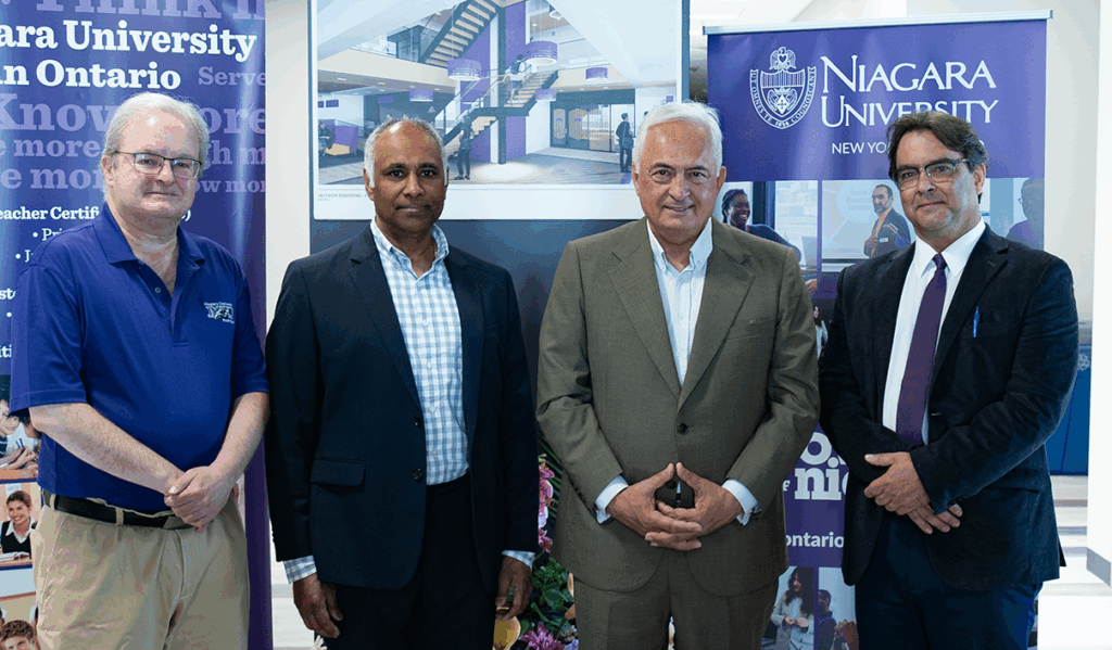 Patrick O’Meara, Asst. Professor of Accounting and Finance; Anthony Williams, COO of Canadian Institute of Financial Planning; Mario Racco, Local and Regional Councillor; and Dr. mark Frascatore, Dean of the Holzschuh College of Business Administration, announced the new partnership at NU’s Vaughan campus.