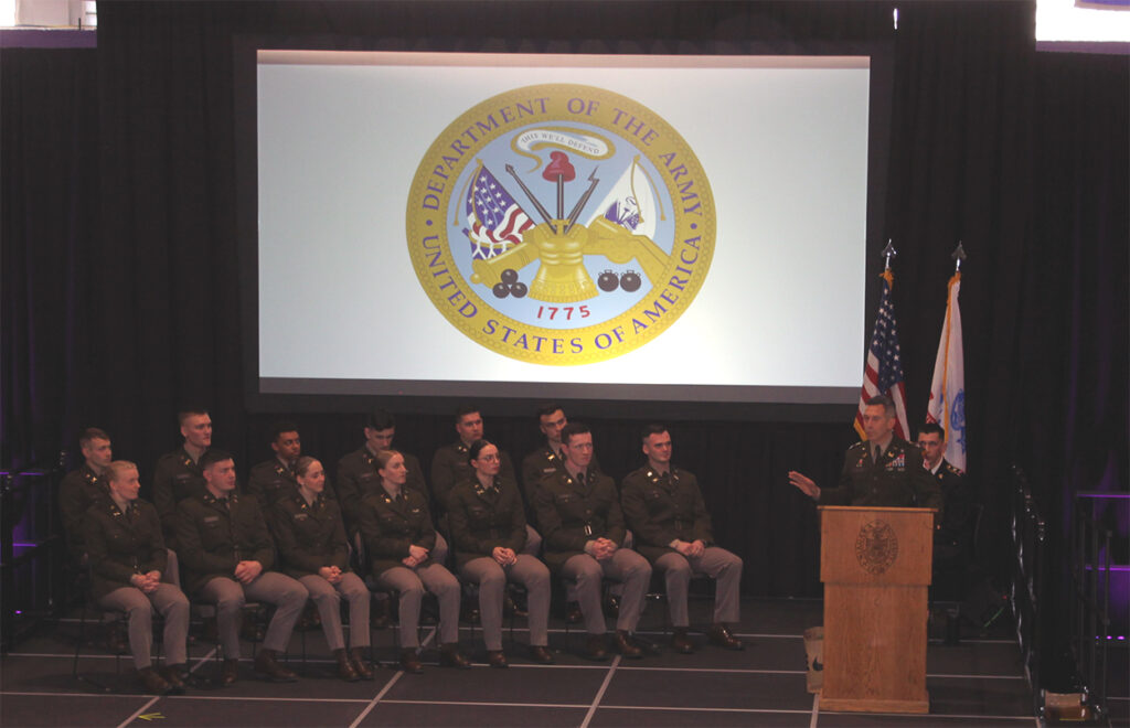 Guest speaker Col. Adam Czekanski, district commander and engineer of the Pittsburgh District, U.S. Army Corps of Engineers, and former professor of military science at NU, addresses the ROTC cadets before their commissioning during a ceremony on May 10, 2024.