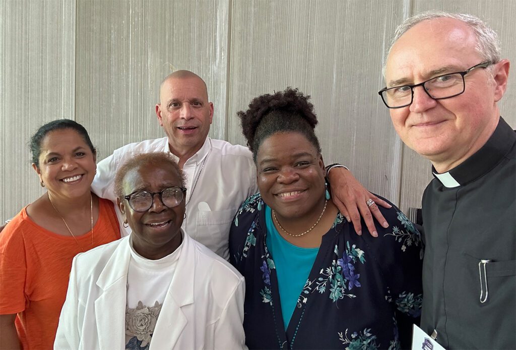 Denise Gonez-Santos; Sr. Roberta Fulton, SSMN; Deacon Miguel Santos; Dr. Althea Porter, and Father Greg Semeniuk, C.M., at Hispanic Family Day at Fatima Shrine.