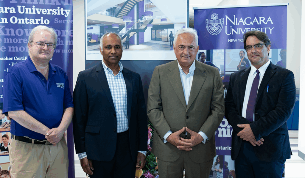 Patrick O’Meara, assistant professor of accounting and finance; Anthony Williams, COO of Canadian Institute of Financial Planning; Mario Racco, local and regional councillor; and Dr. Mark Frascatore, dean of the Holzschuh College of Business Administration, announced the new partnership at NU’s Vaughan campus.