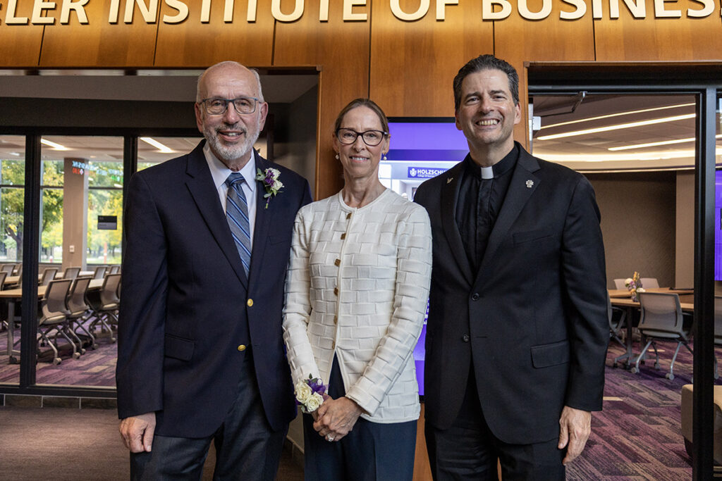Scott and Kathy Bieler with the Rev. James J. Maher, C.M., Niagara University president, in the university's new Bieler Institute of Business Ethics