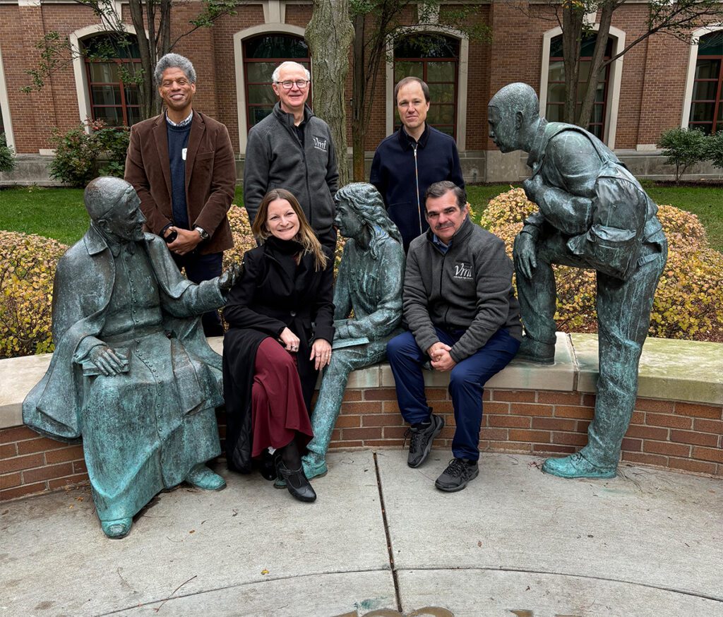 Niagara University's 2024 VMI cohort traveled to DePaul University to attend an opening retreat and conference Nov. 14-16, 2024. Pictured, front row: Ellen Owens, director of the Castellani Art Museum, and Dr. Fernando Naranjo, assistant professor of management. Back row, Dr. Chris Lee, associate professor of political science; Rev. Gregory J. Semeniuk, C.M., S.Th.D., executive vice president for mission and ministry; and Evan Clarke, senior associate dean of Ontario graduate programs.