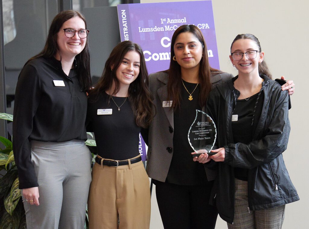 Paige Schleyer, Maria Brusa, Giselle Balvuena, and Abbie Dziadzio placed first in the Lumsden McCormick CPA Case Competition at Niagara University.