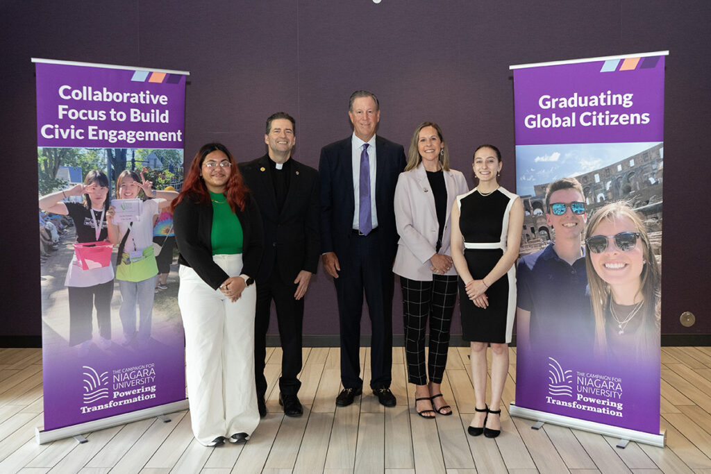 NU rising junior Ena Das; Rev. James J. Maher, C.M., Niagara University president; Jeffrey R. Holzschuh, ’82, campaign chairman; Jaclyn Rossi Drozd, ’08, M.S.Ed. ’10, vice president of institutional advancement; and rising junior Althea Simmons shared their thoughts at the campaign announcement on May 16, 2024.