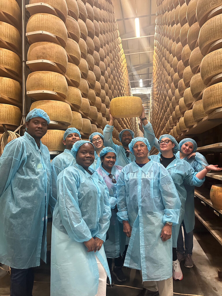 Students learned about Caseificio Bio Reggiani’s “zero km supply chain” during a tour of the organic parmesan cheese factory.
