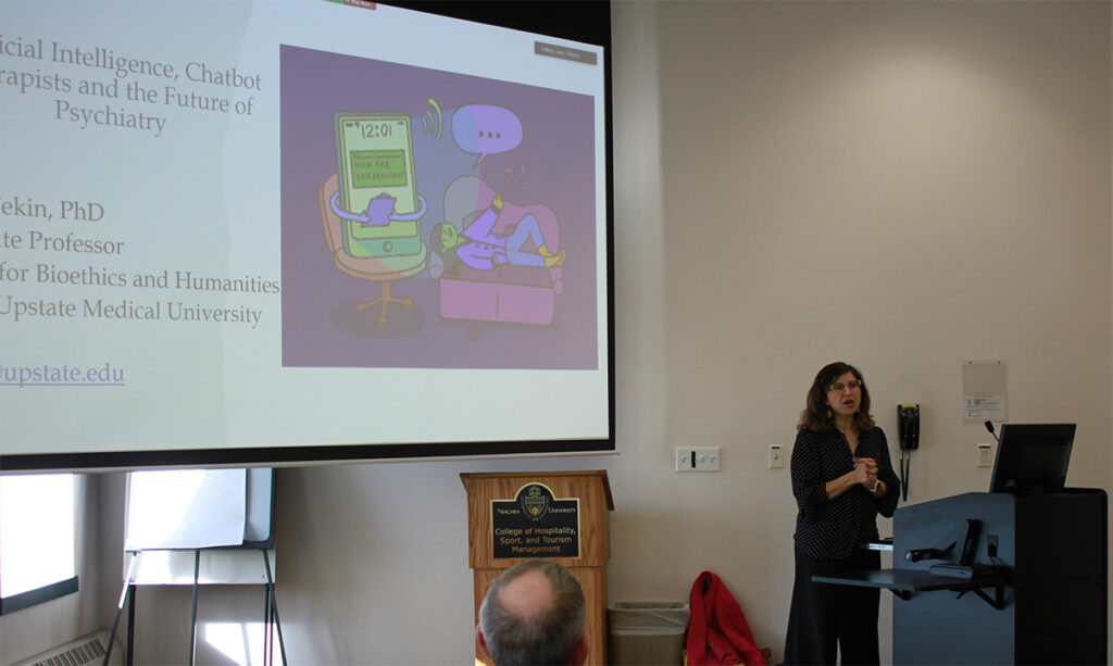 Dr. Şerife Tekin, associate professor of philosophy in SUNY Upstate Medical University’s Center for Bioethics and Humanities, explored the use of AI in psychotherapy during a presentation at Niagara University on March 20, 2024.