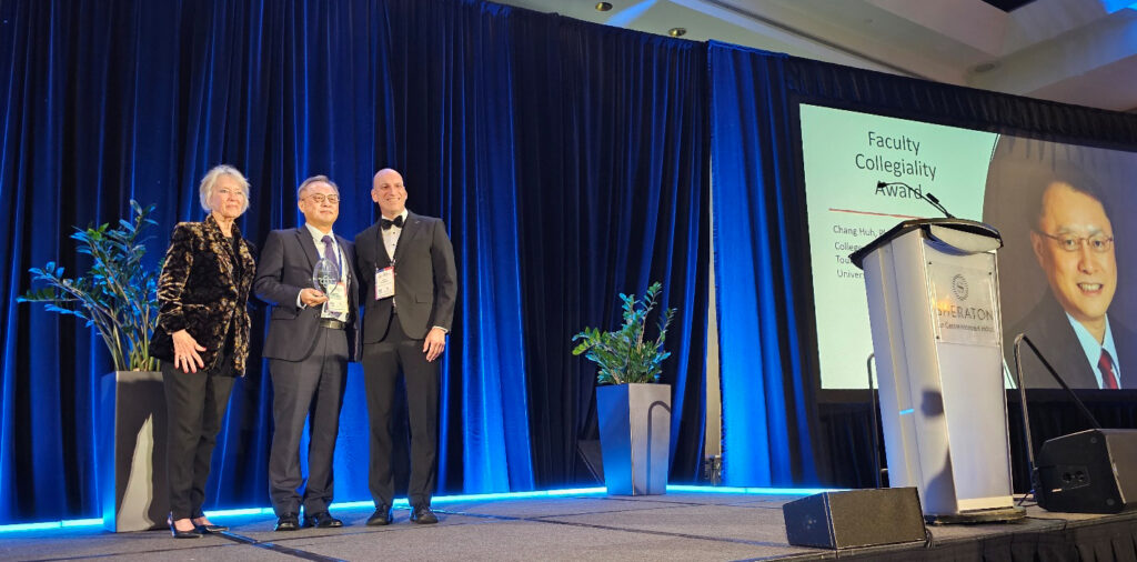 Fran Brasseux, ICHRIE chief executive officer, Dr. Chang Huh, Niagara University, and Dr. Ralf Burbach, chair of the ICHRIE awards committee.