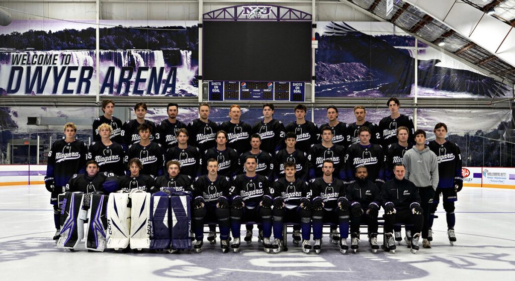 Niagara University men's ACHA DI hockey team posed on the ice in the Dwyer Arena