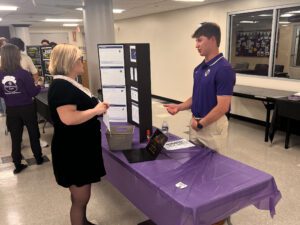 Boiarintseva - Dr. Boiarintseva (Associate professor of Management) talking to Jacob Pena- Brooks ’26 about his business named Athletiq