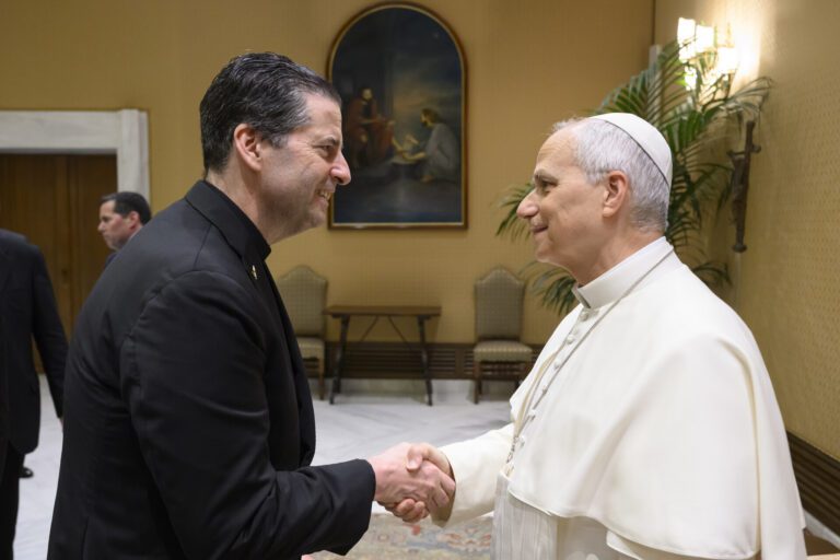Father Maher shakes hands with Pope Leo XIV.