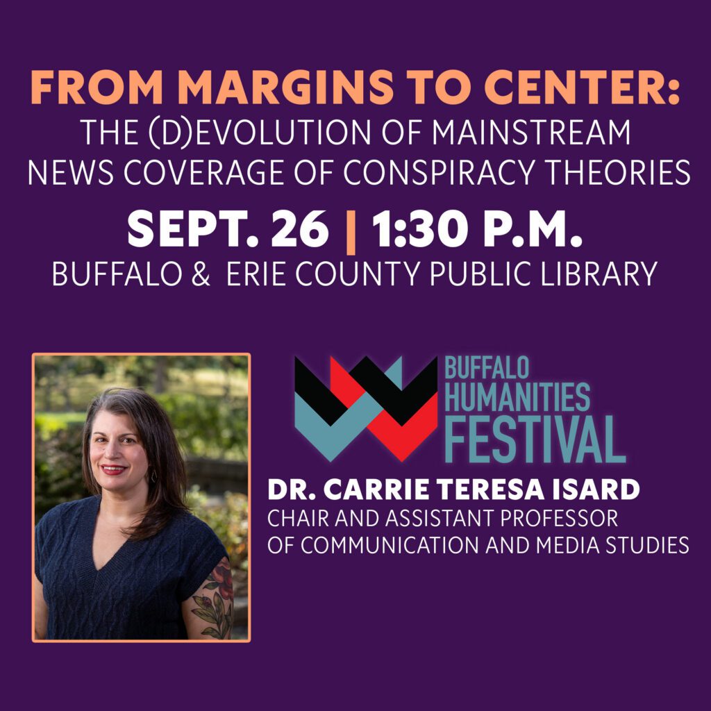Headshot of Dr. Carrie Teresa Isard alongside the Buffalo Humanities Festival logo. The title of her talk is From Margins to Center: The (D)evolution of Mainstream News Coverage of Conspiracy Theories. The date provided is September 26 at 1:30 p.m.