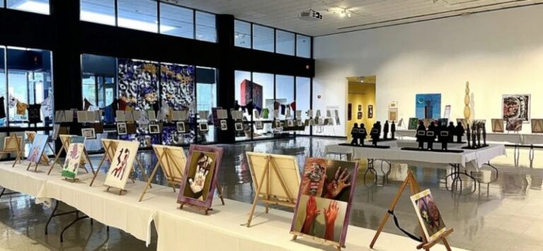 An art museum with paintings on easels